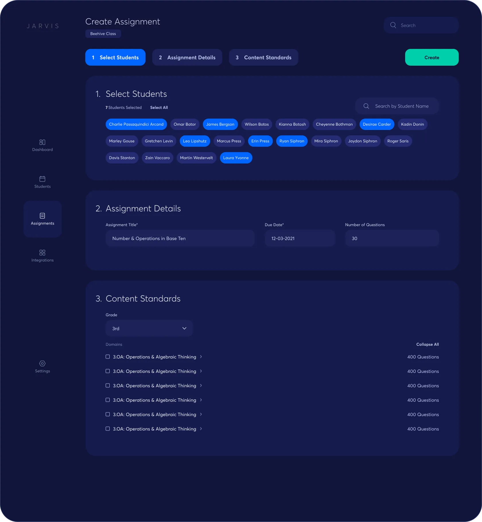 Three-step assignment creation flow, selecting students, assignment details and content standards