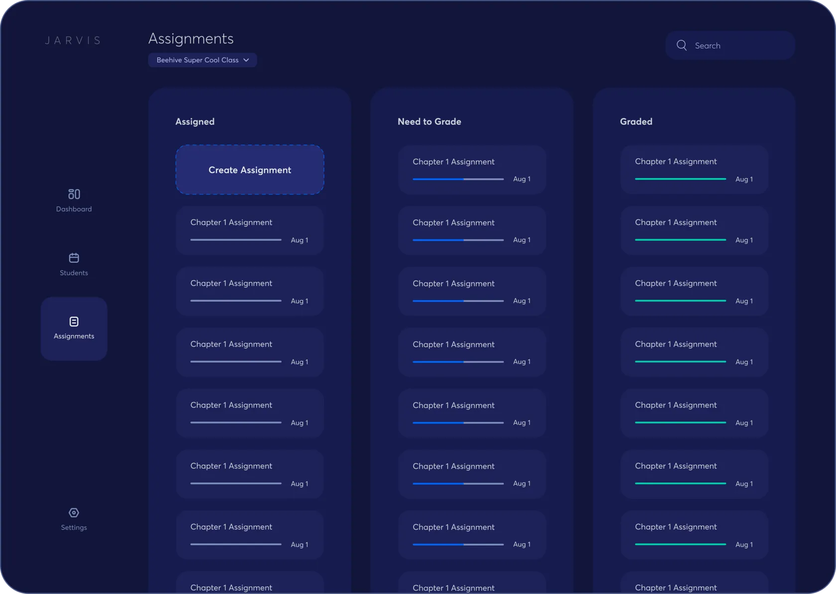Assignments board with Assigned, Need to Grade and Graded columns of chapter assignments