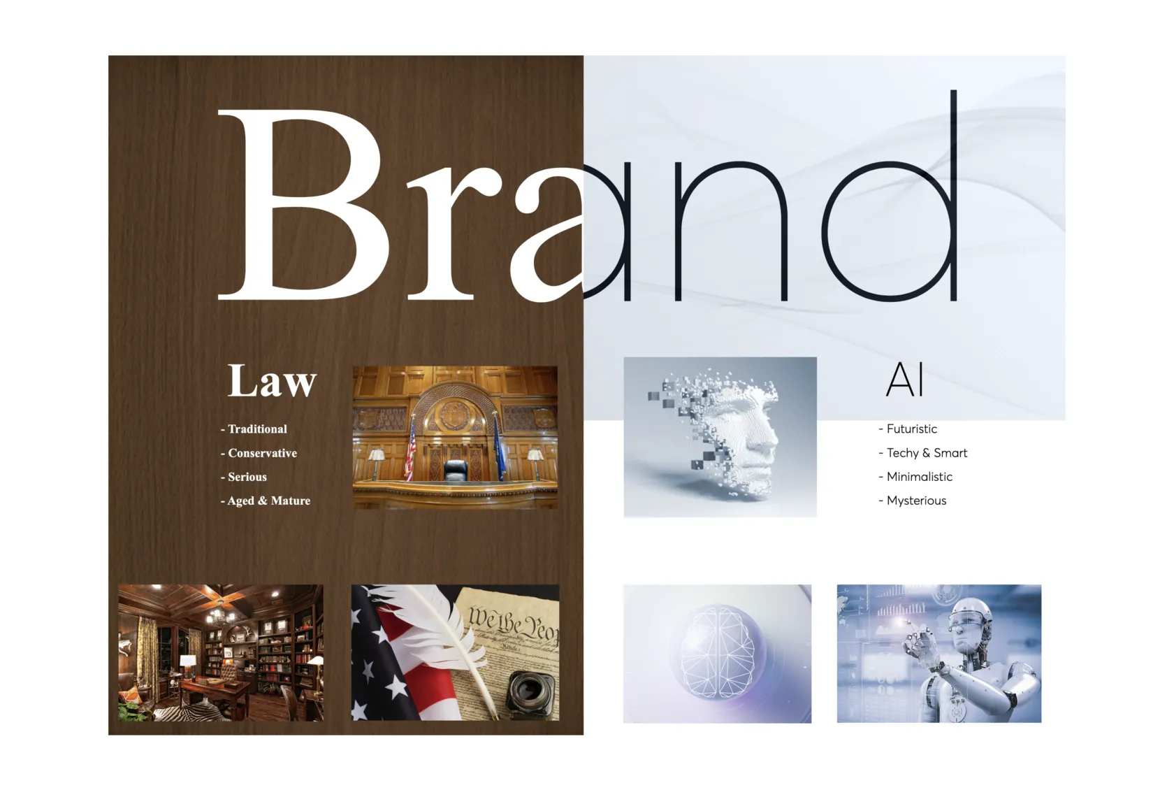 Brand moodboard contrasting law (traditional, conservative, serious) with AI (futuristic, techy, minimalistic)