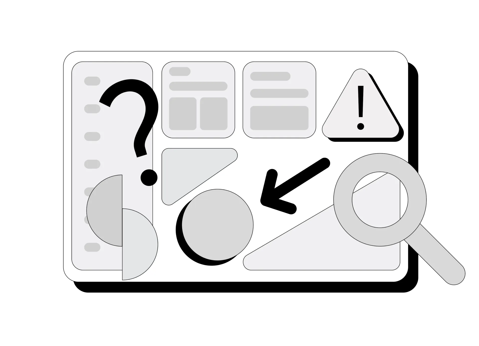 Line illustration of a cluttered interface with a question mark, warning sign and magnifying glass