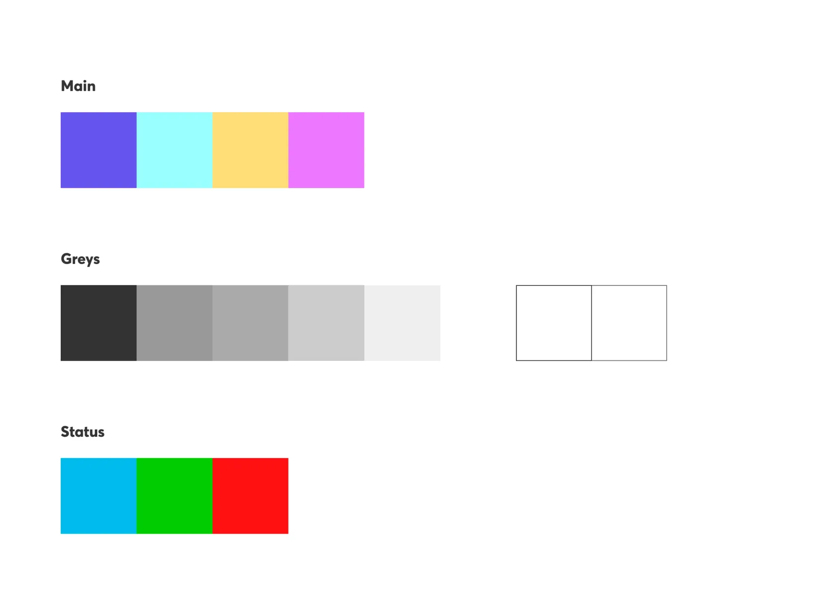 Color palette with main purple, cyan, yellow and pink, a grey scale and status colors