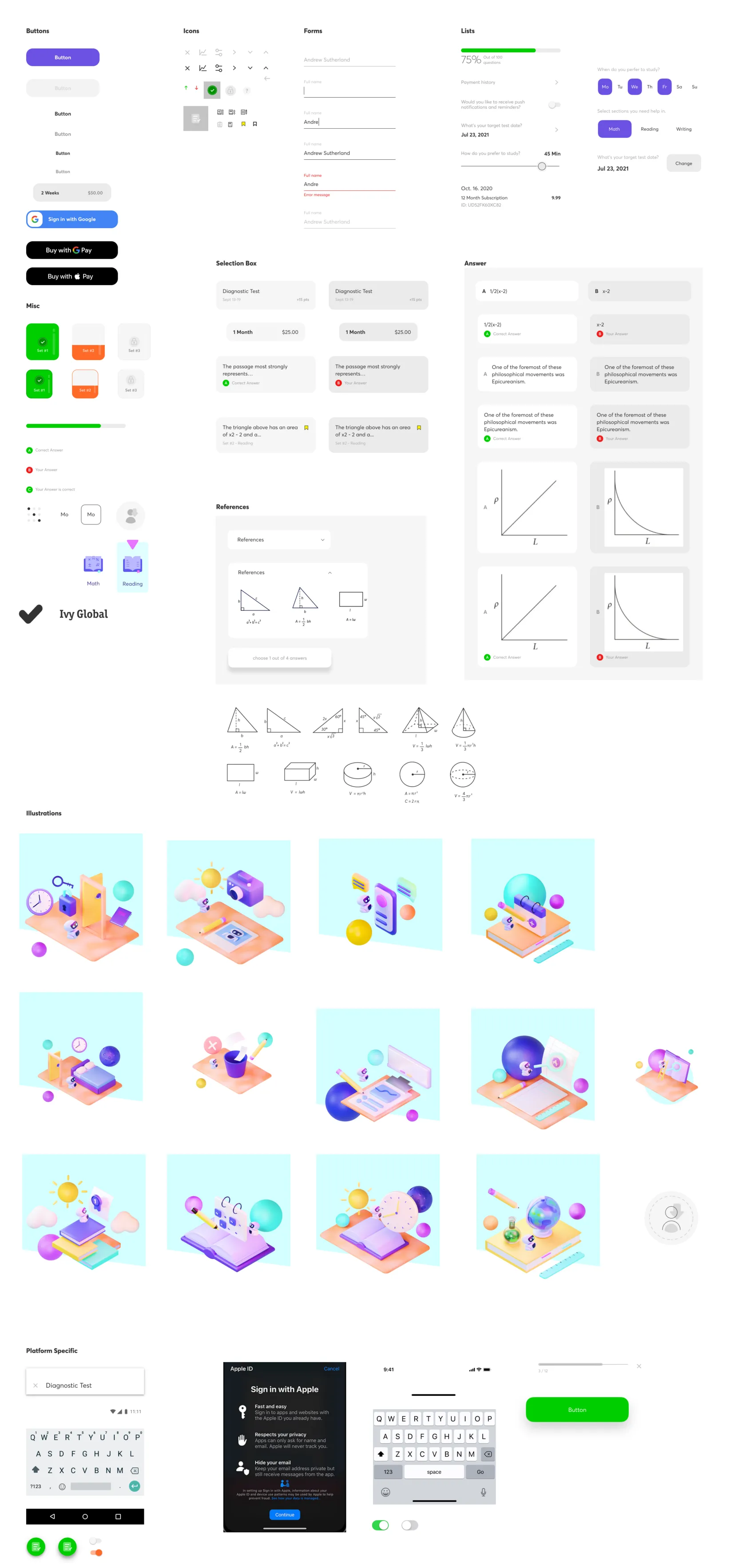 Component sheet with buttons, inputs, selectors, progress elements, modals and the illustration set