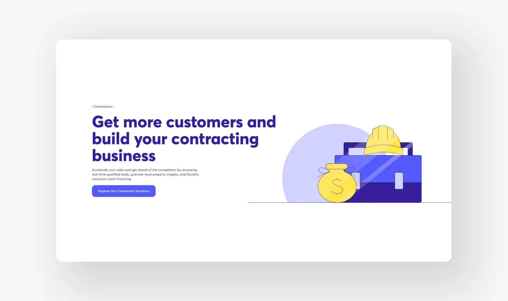 Dorothy contractors page, 'Get more customers and build your contracting business', with a toolbox illustration