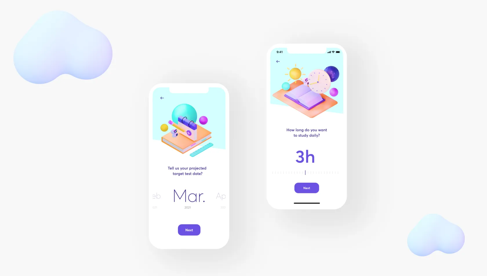 Two onboarding screens with colourful 3D illustrations, a target test date picker and a daily study time selector