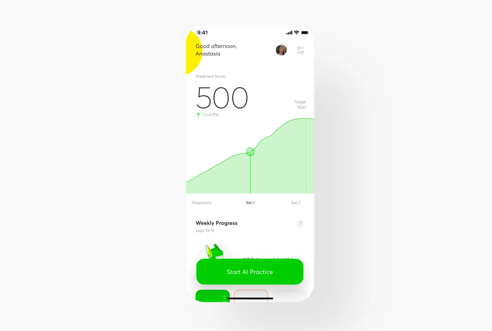 Ivy Global home screen with a predicted score graph and a Start AI Practice button