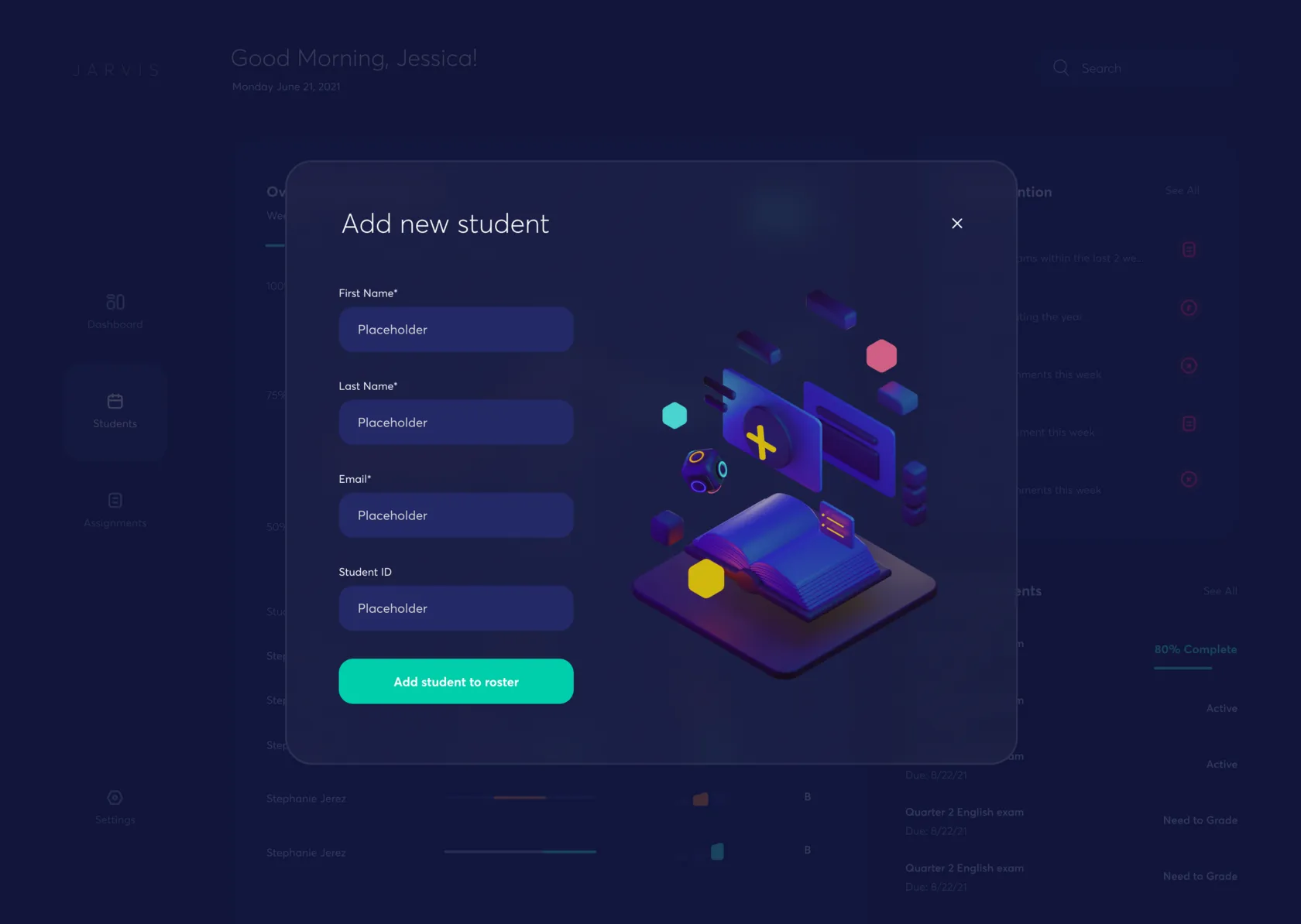Add new student modal over the dashboard with a 3D illustration