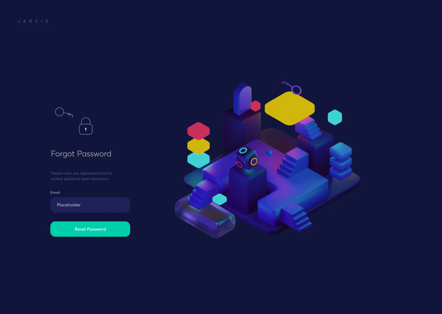 Forgot password screen with a 3D illustration of a building and lock