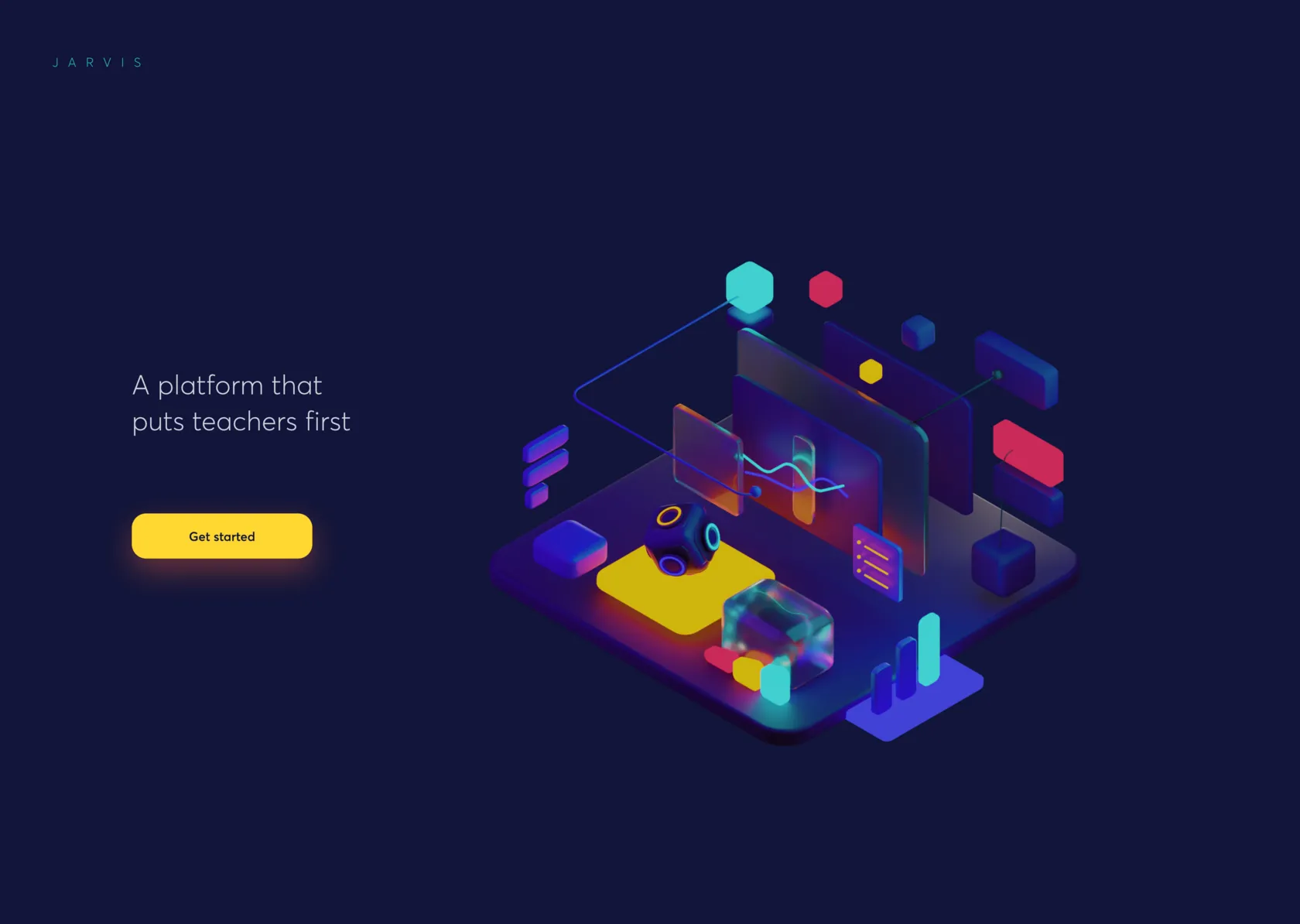 Landing screen, 'A platform that puts teachers first', with a 3D illustration