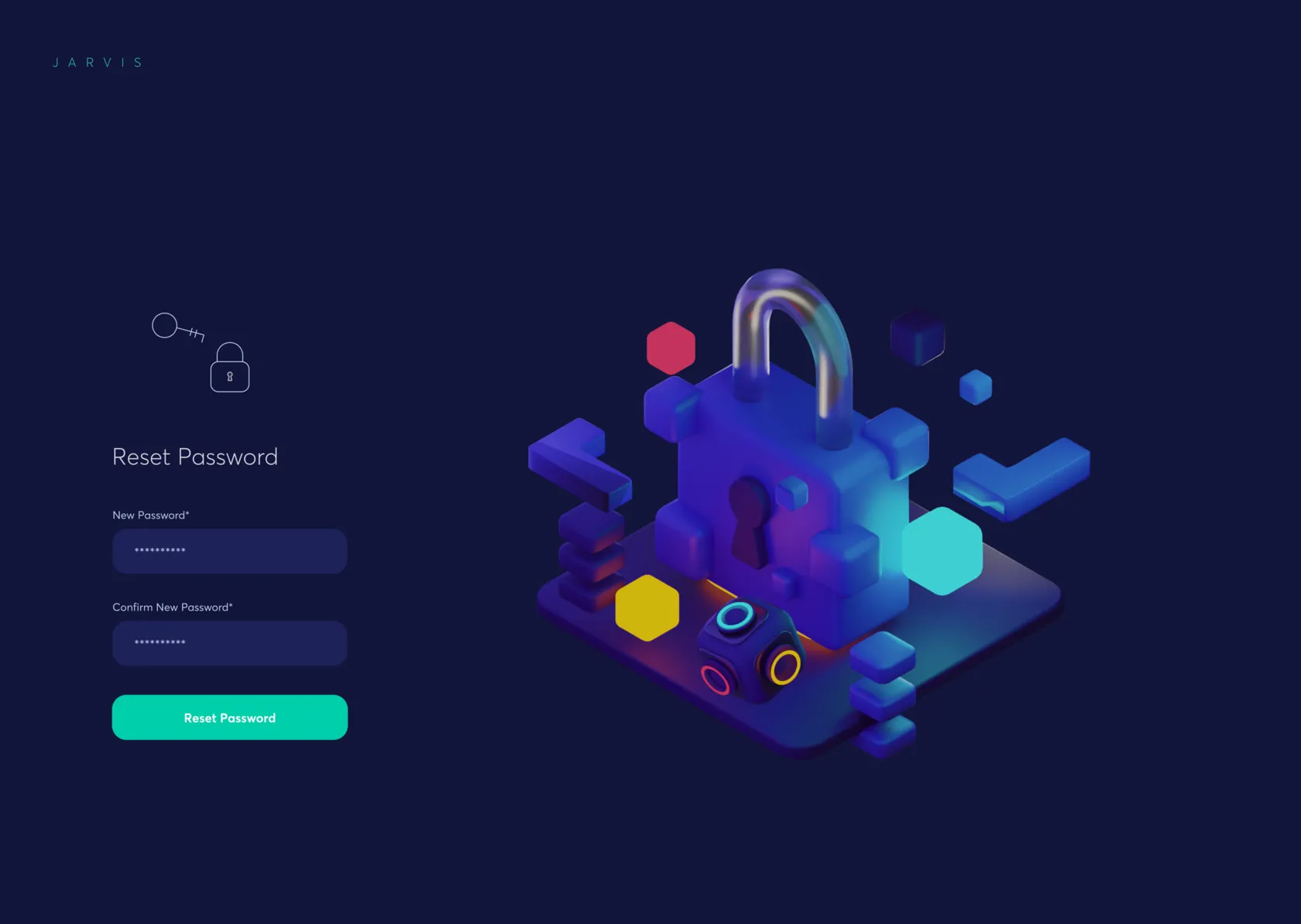Reset password screen with a 3D padlock illustration