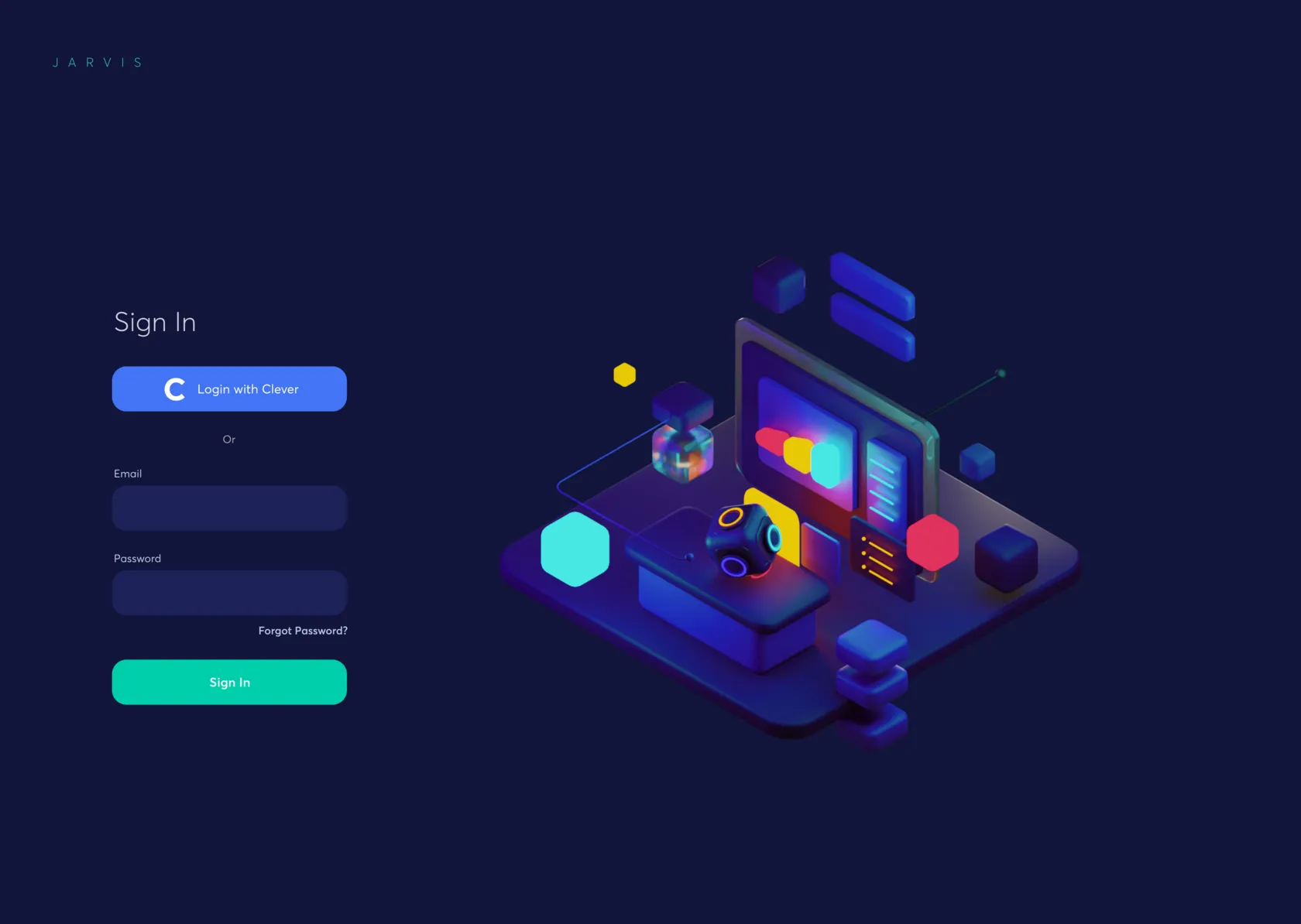 Sign-in screen with a 3D illustration of a desk and monitor