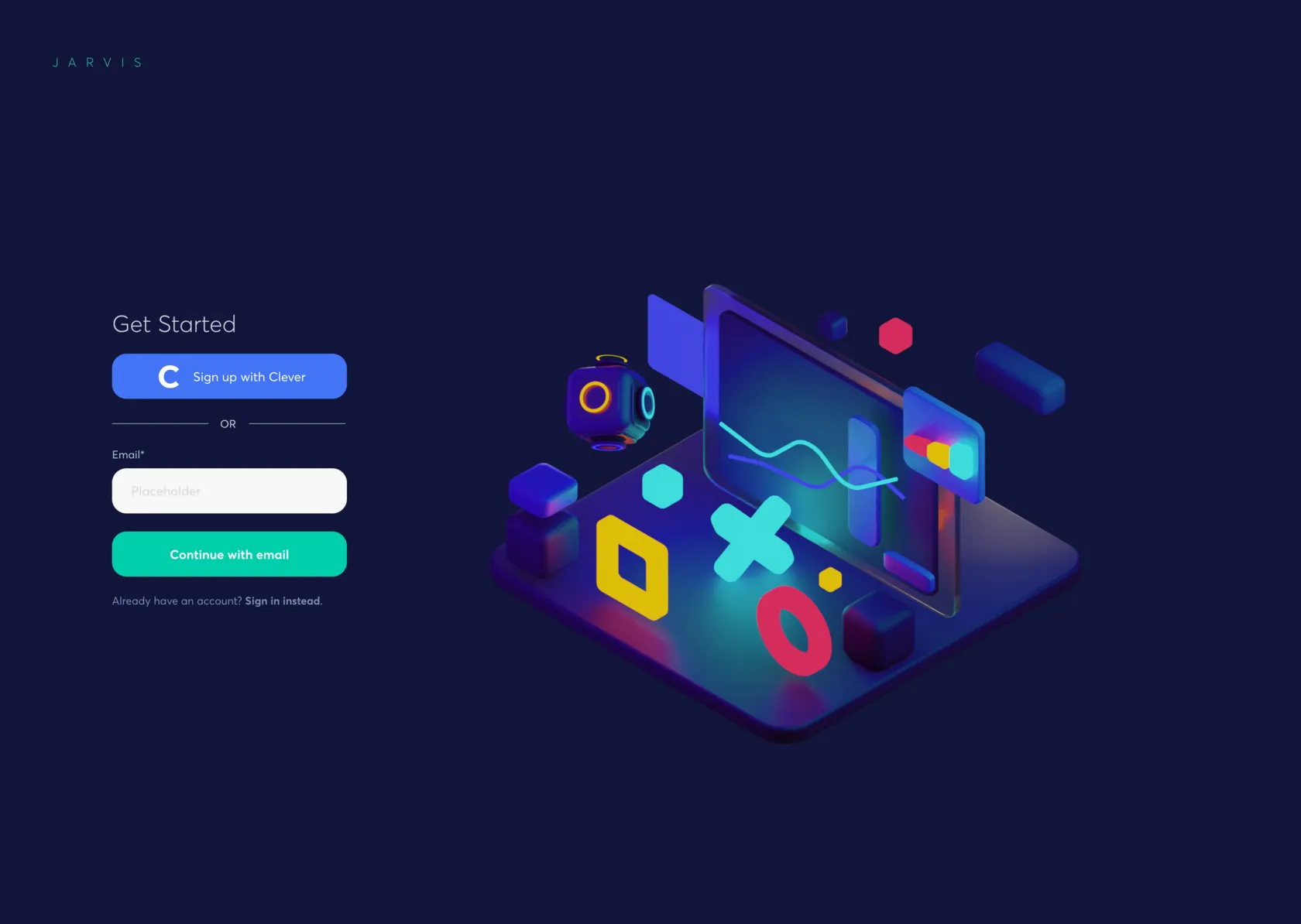 Get-started screen with Clever sign-in and a 3D illustration
