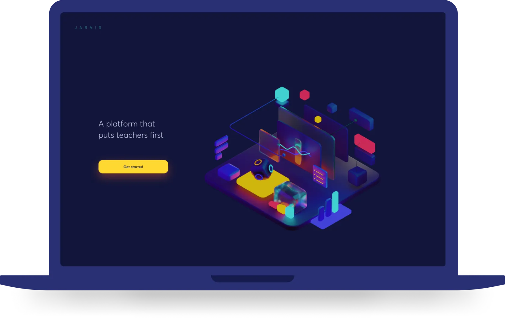 Jarvis landing page on a laptop, 'A platform that puts teachers first', with an isometric 3D classroom illustration