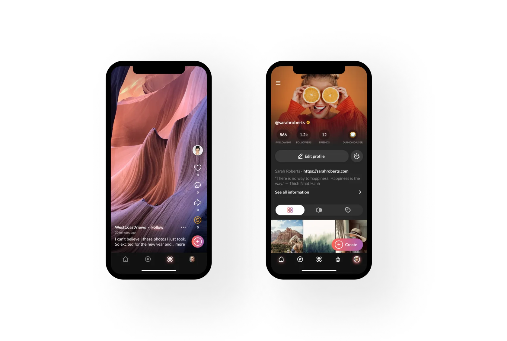 Display Social feed post and a user profile with followers and a Create button