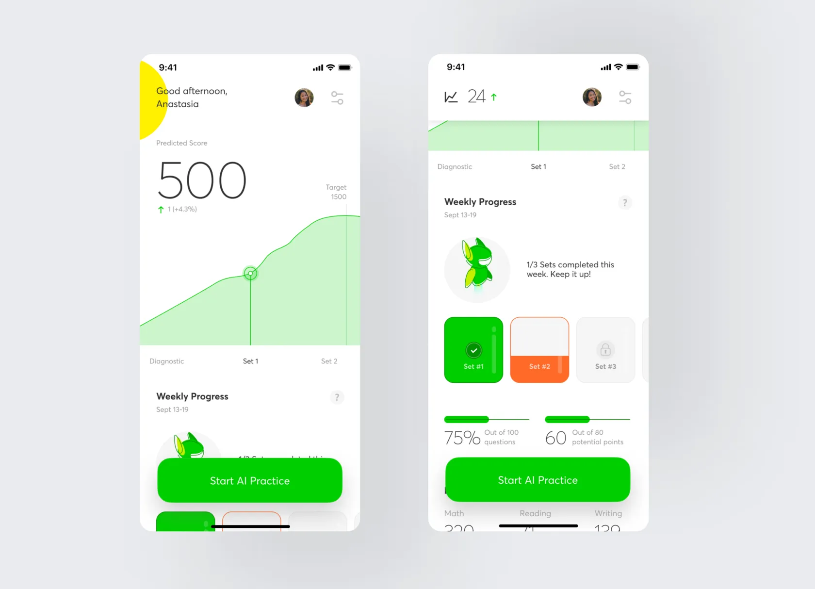 Ivy Global home screen and its scrolled view with weekly progress and practice sets