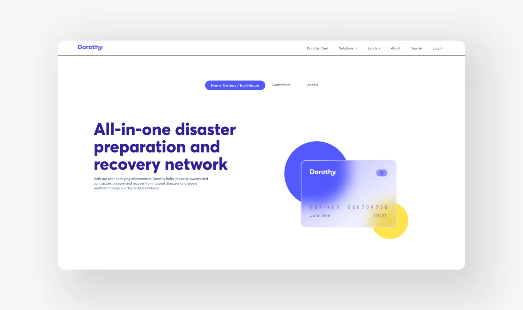 Dorothy homepage, 'All-in-one disaster preparation and recovery network', with a Dorothy card illustration