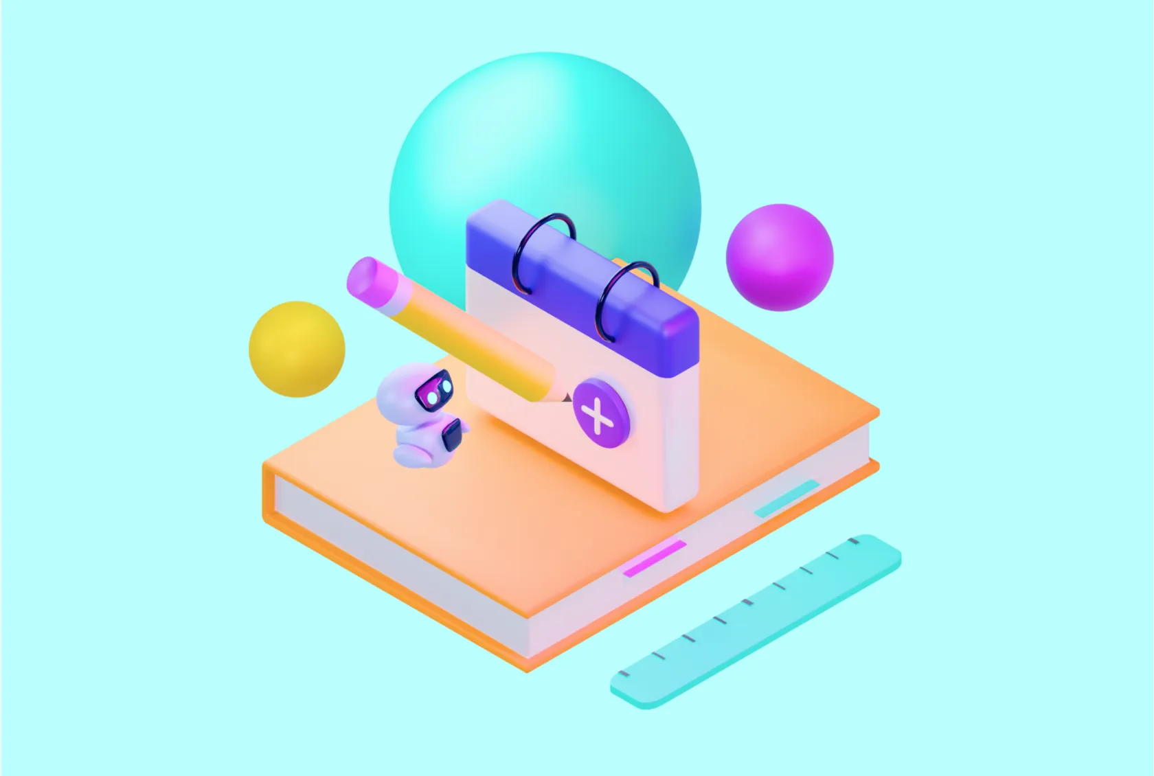3D illustration of a calendar, pencil and ruler on a book