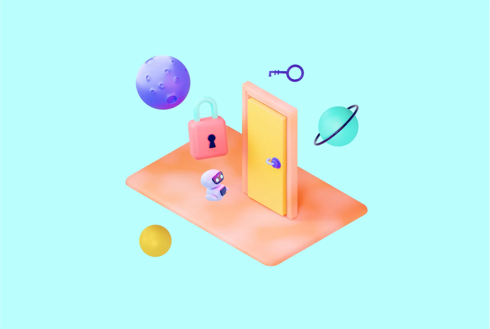 3D illustration of a locked door, key and planets