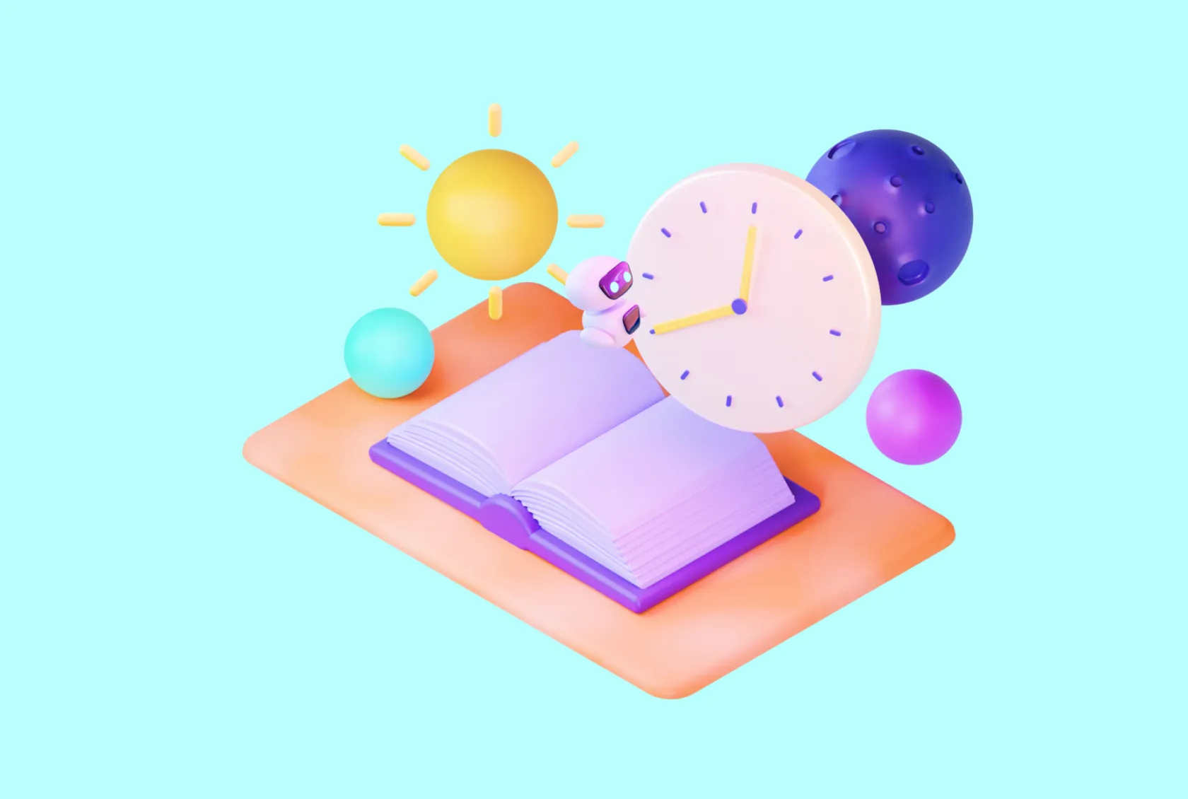 Finished 3D illustration of a clock, sun and planets above an open book