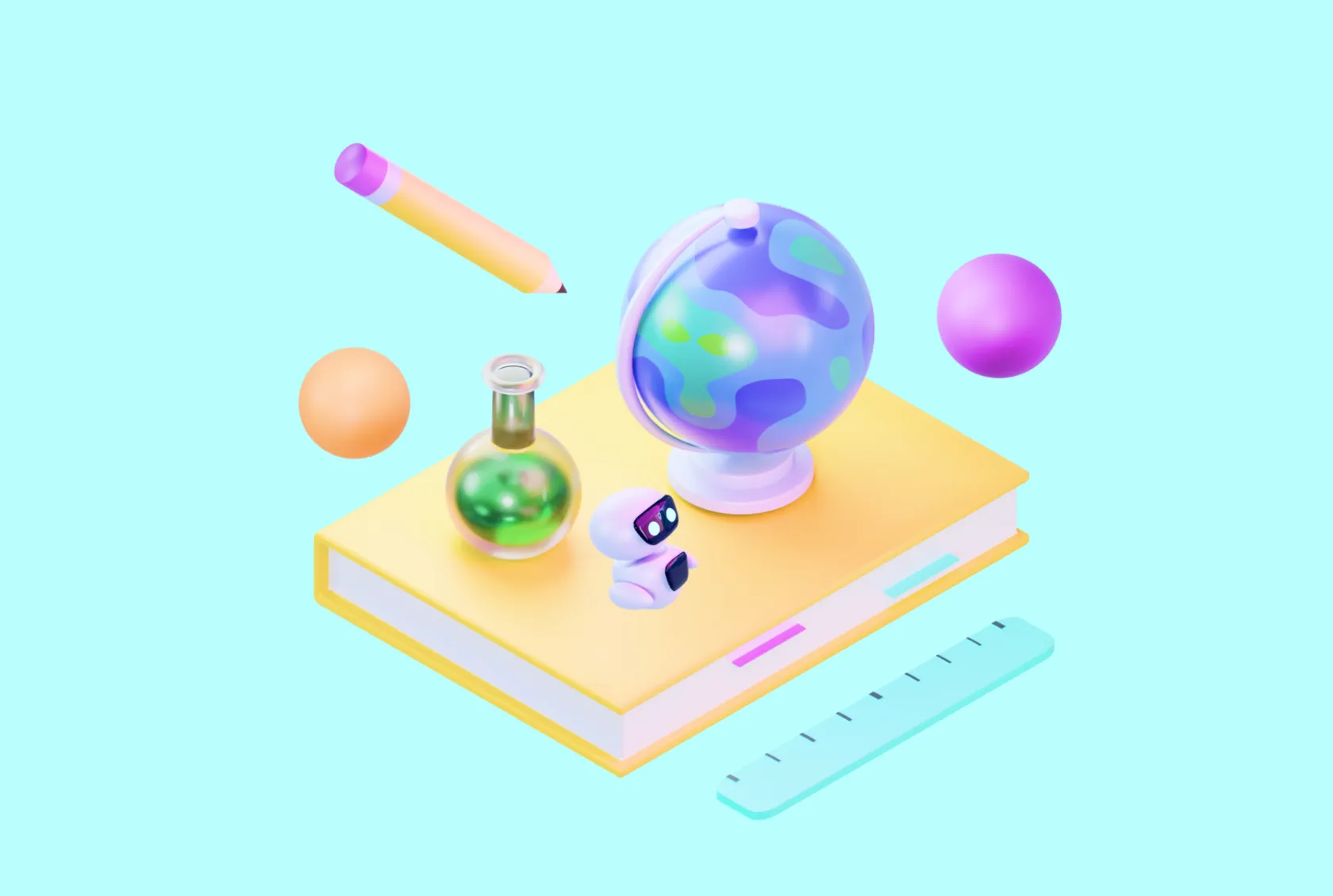 3D illustration of a globe, flask, pencil and ruler on a book