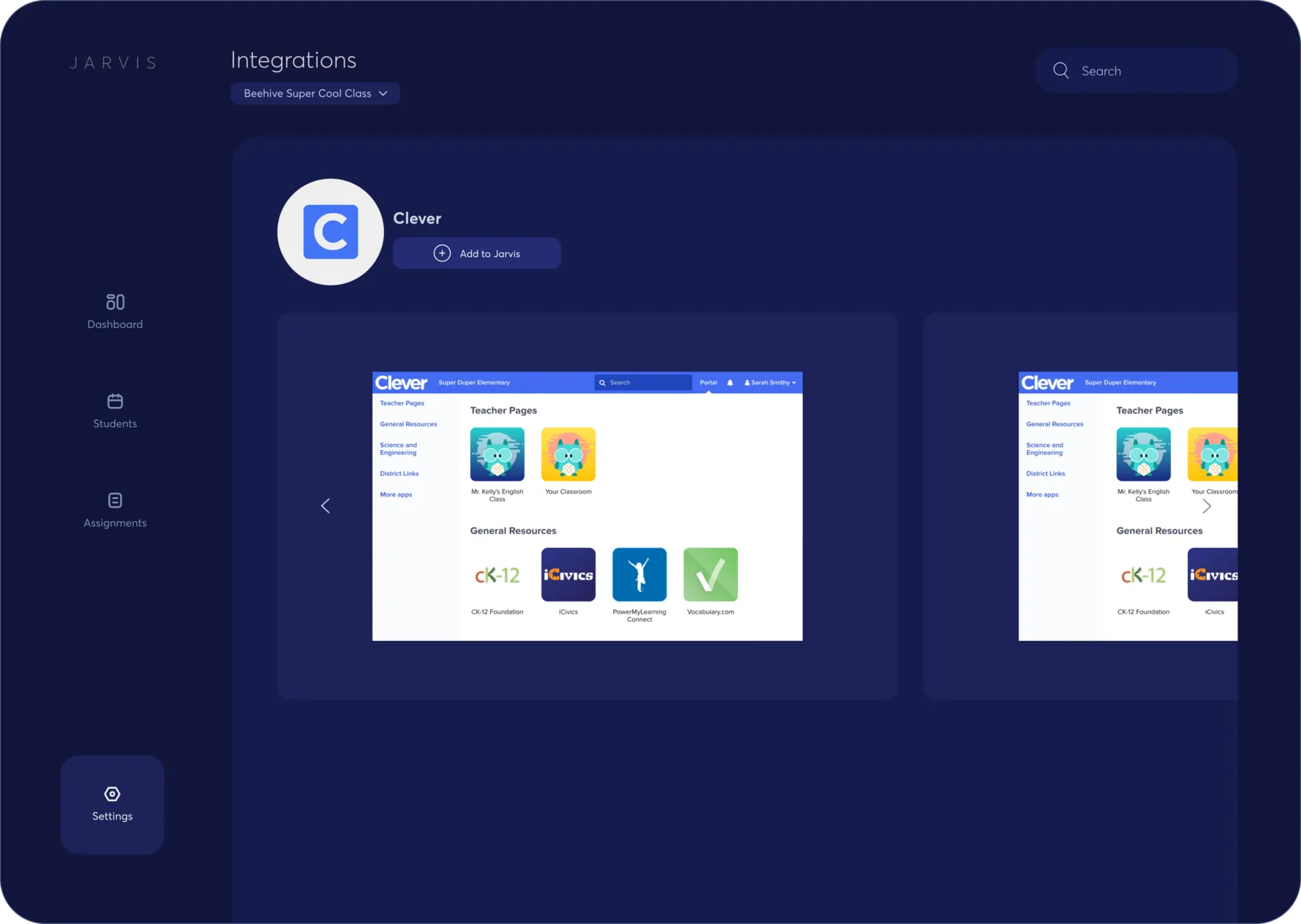 Integrations screen with the Clever app ready to add to Jarvis, previewing Clever teacher pages