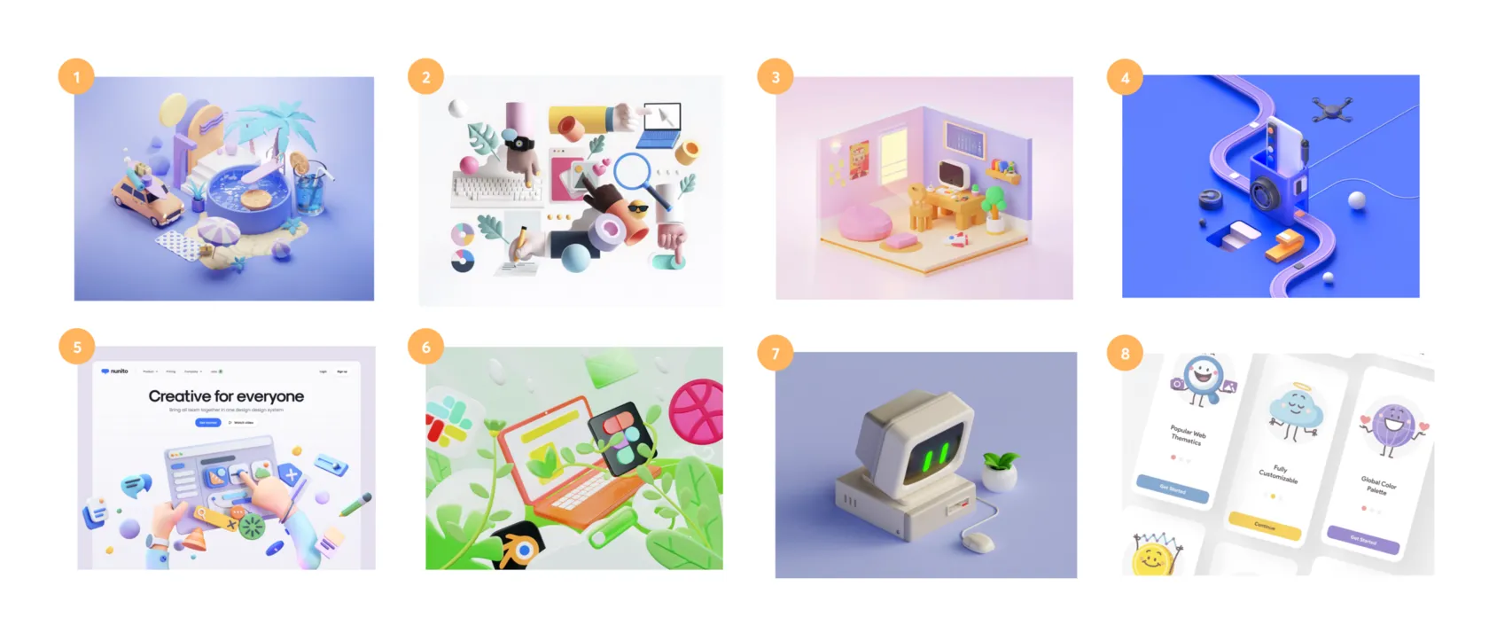 Moodboard of eight 3D illustration references in soft pastel and vivid styles