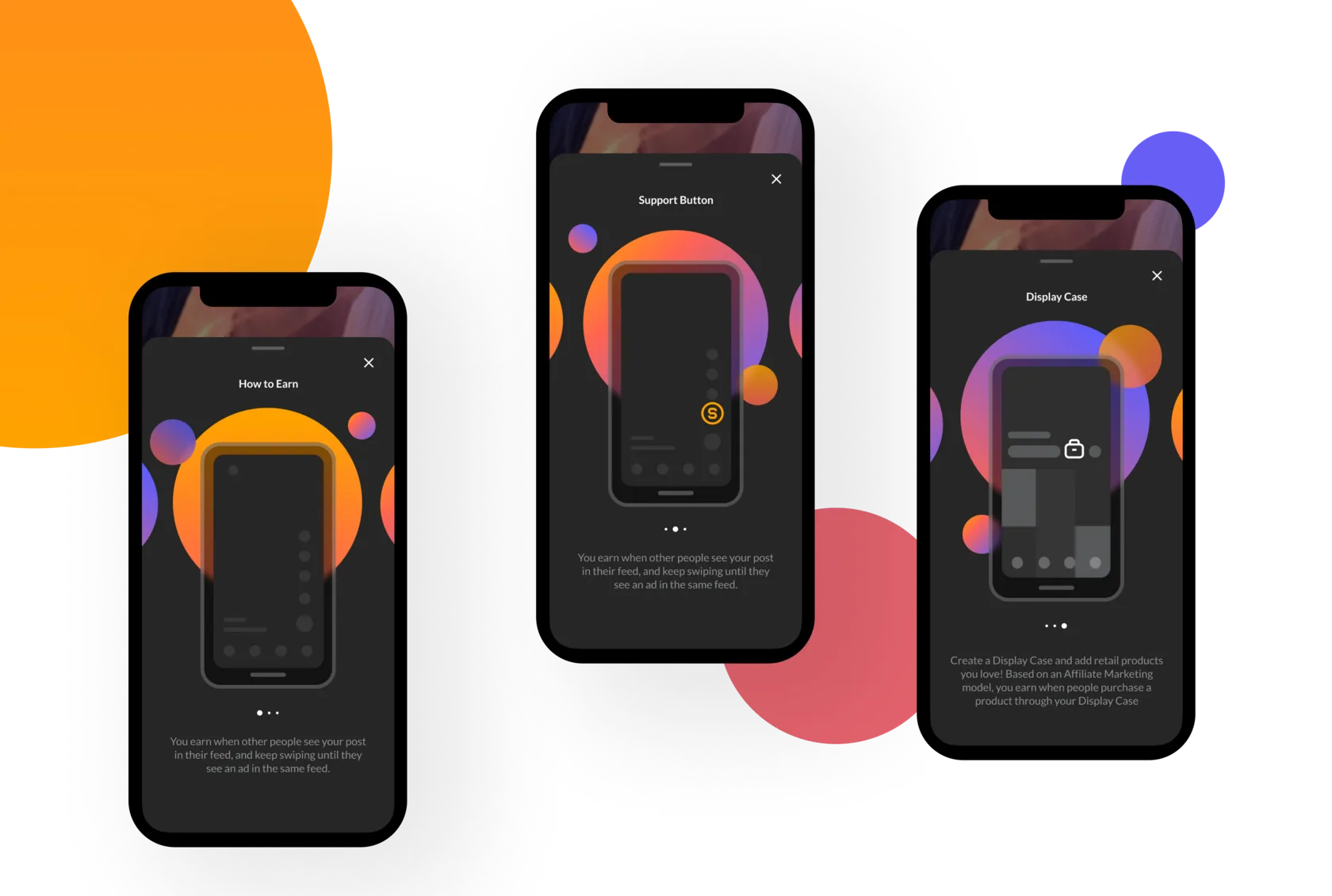 Three Display Social onboarding screens explaining how to earn, on a dark interface with orange and purple shapes