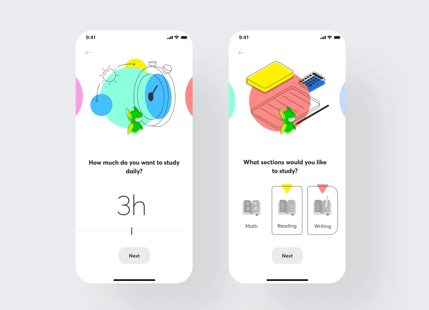 Onboarding screens asking how long to study daily and which sections to study, with 3D illustrations
