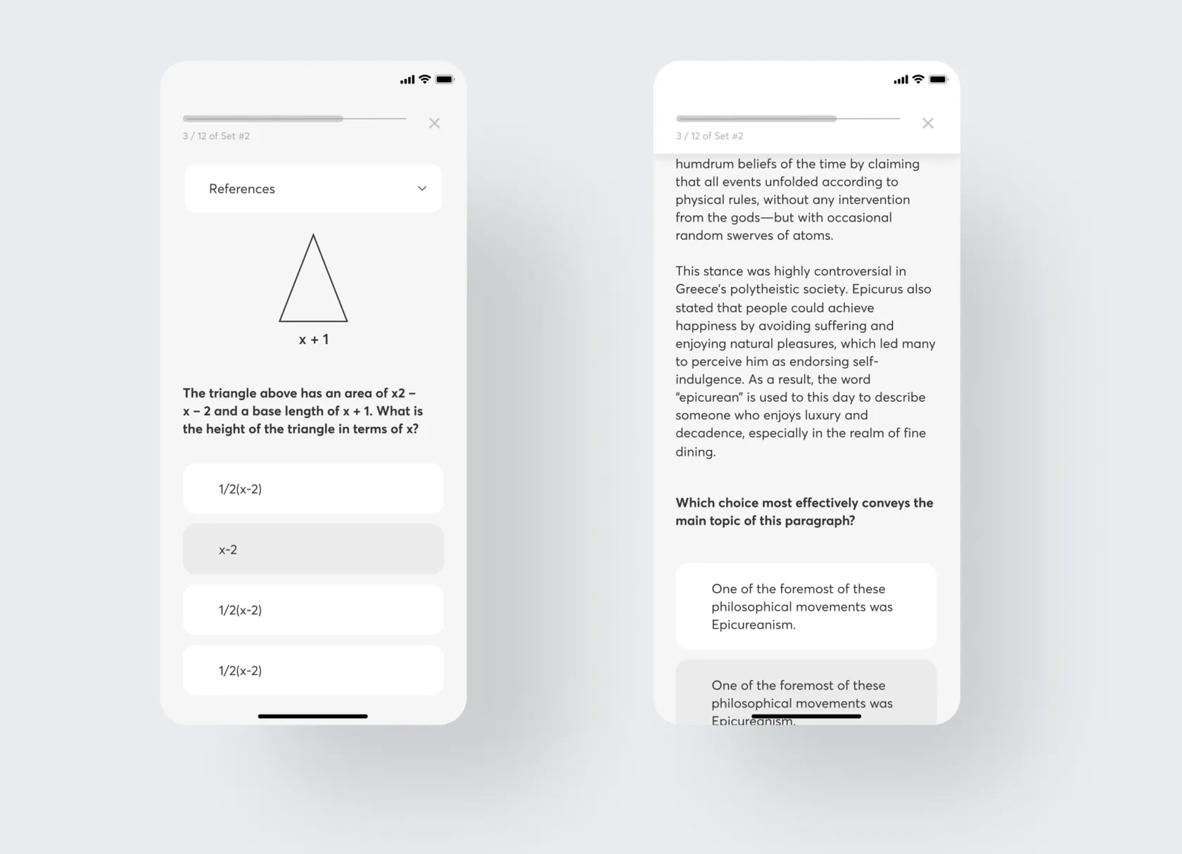 Practice test screens with a geometry question and a reading passage