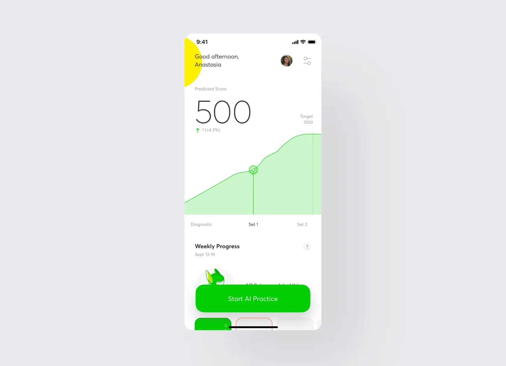 Home screen with a predicted score of 500 and a rising progress graph