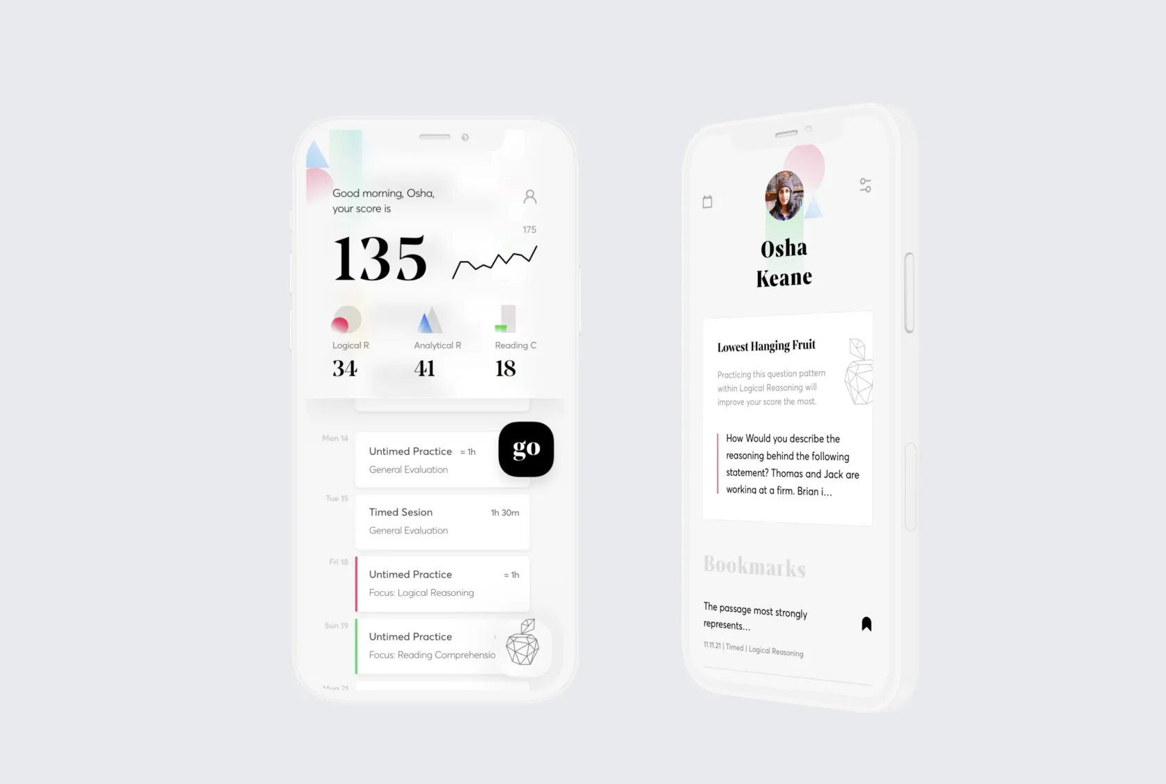 Home screen with a predicted score of 135 and section scores, beside a student profile with bookmarks