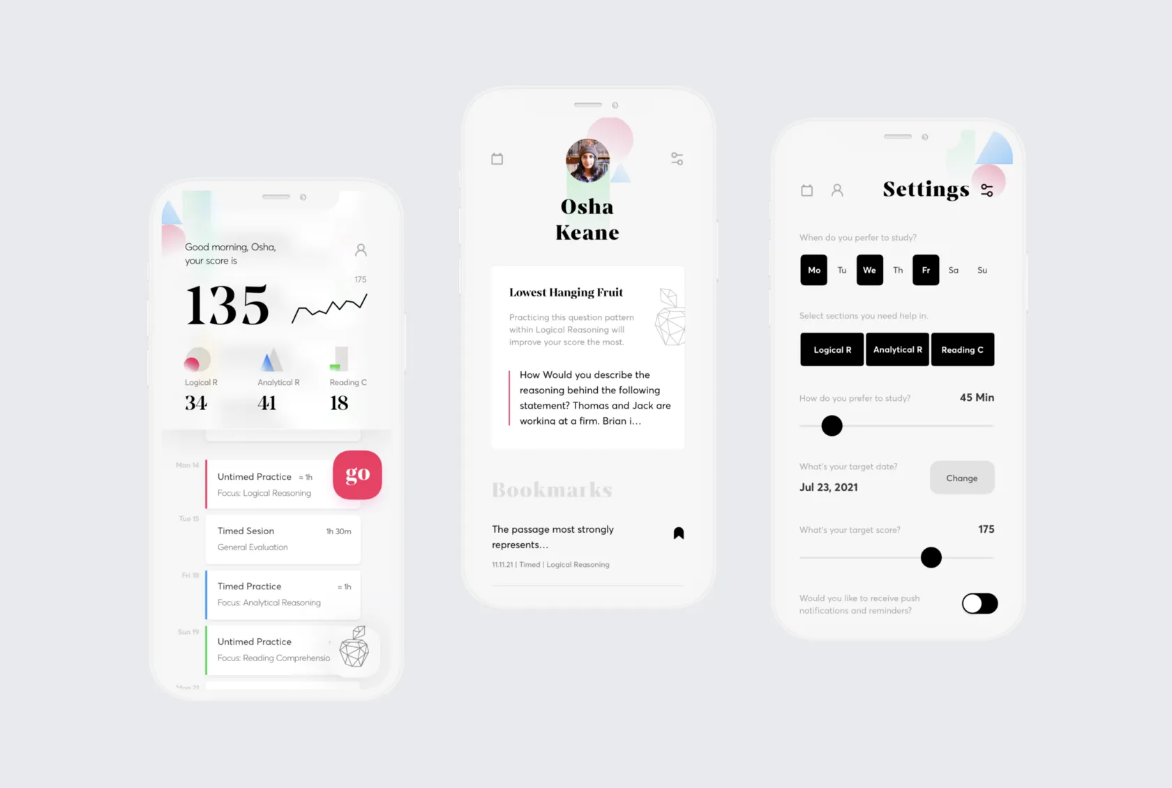 Home, profile and settings screens with study days, session length and target score controls