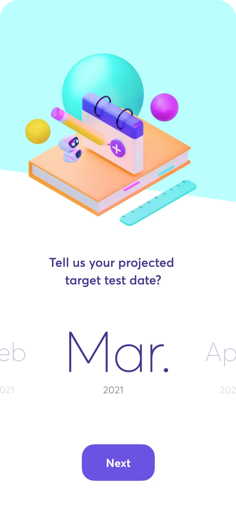 Onboarding screen asking for the projected target test date, set to March