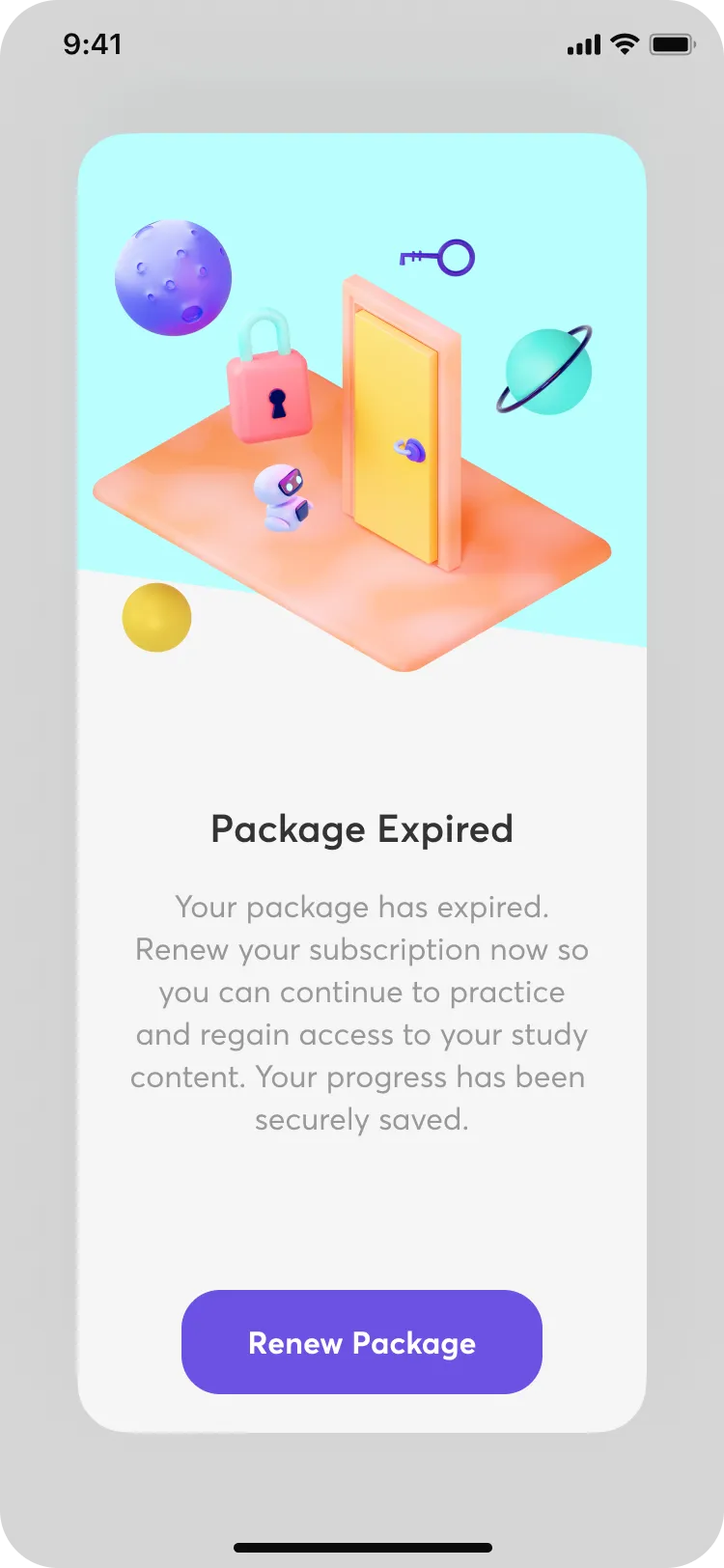 Package Expired modal with a Renew Package button