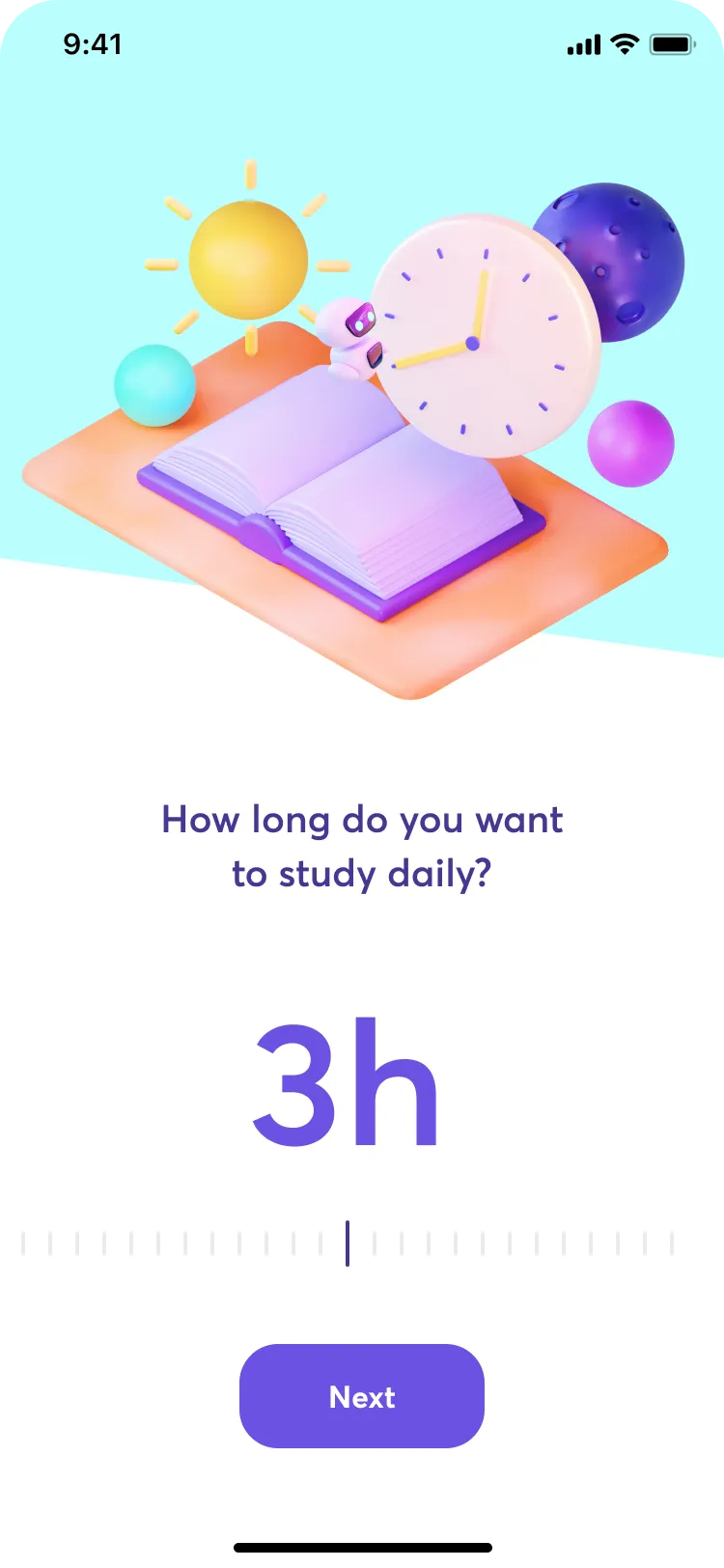 Onboarding screen asking how long the student wants to study daily, set to 3 hours