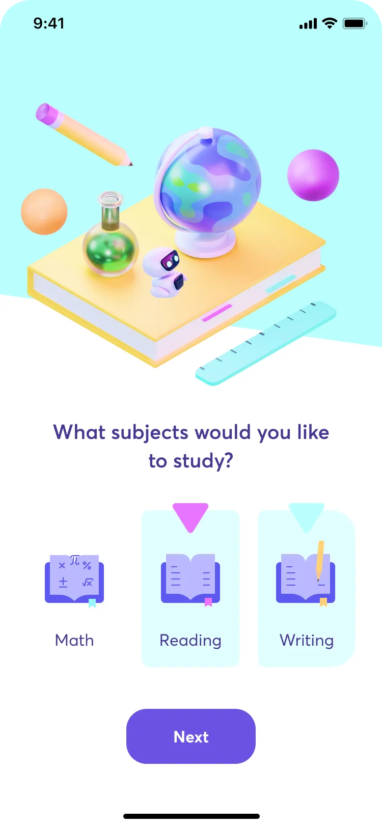 Onboarding screen asking which subjects to study, Math, Reading or Writing