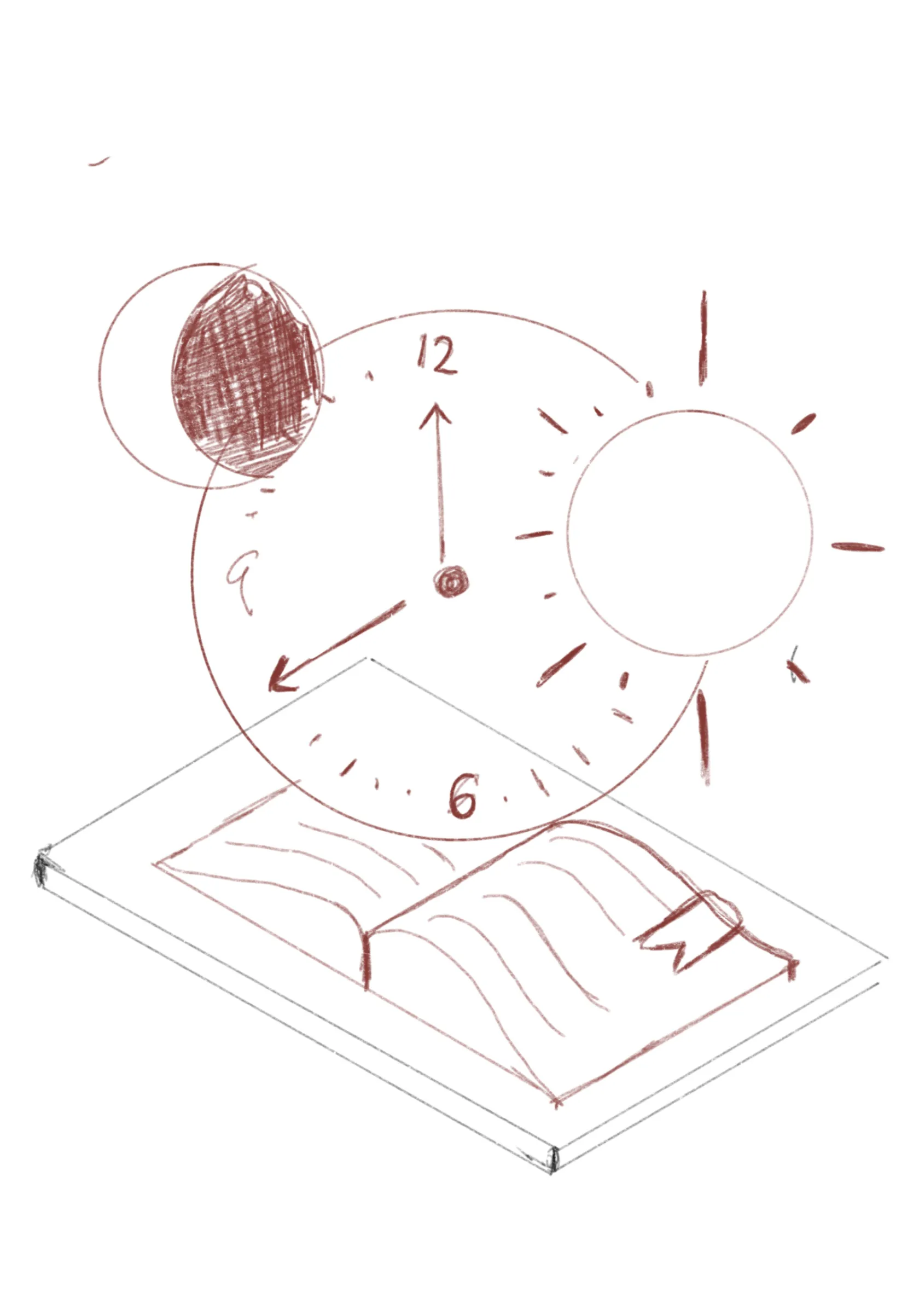 Pencil sketch of a clock and sun rising over an open book