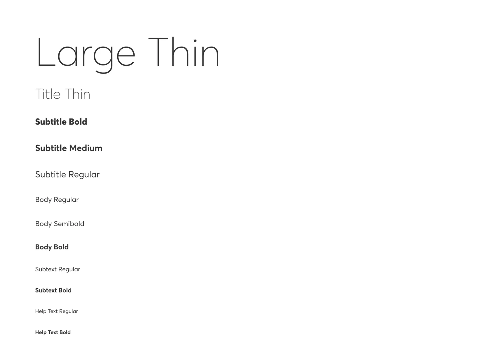 Type scale from Large Thin titles to body and help text styles