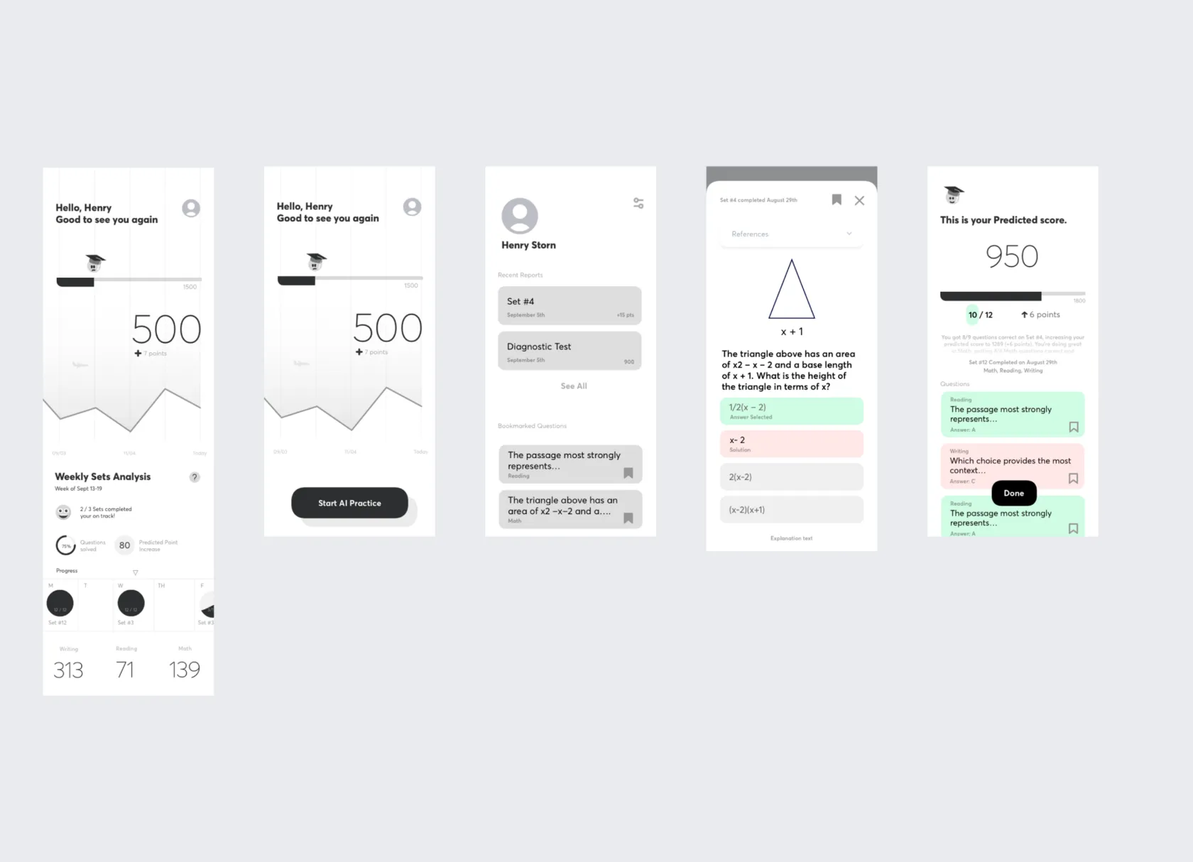 Wireframes of the home screen with predicted score, and the practice test question flow